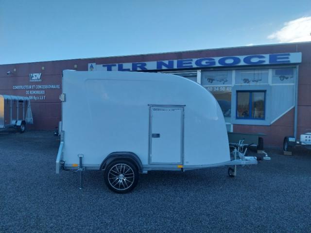 REMORQUE FOURGON POLYESTER BLANC PORTE LATERALE 1 ESSIEU FREINE